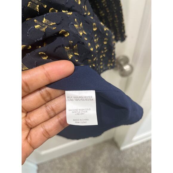 Amanda Uprichard Noemi Navy Gold Sheath High Neck Dress Sz XS - Picture 6 of 9